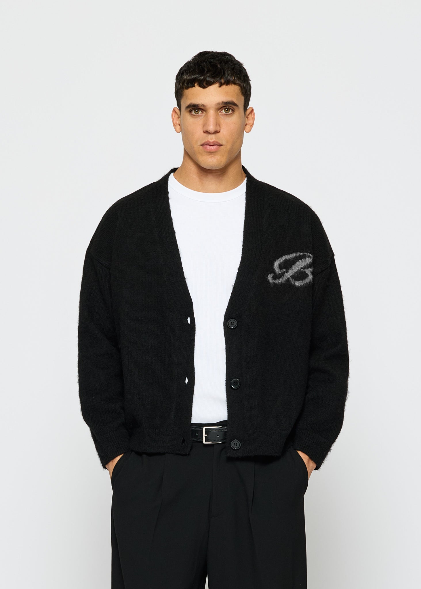 Fuzzy V-Neck Jacquard Cardigan