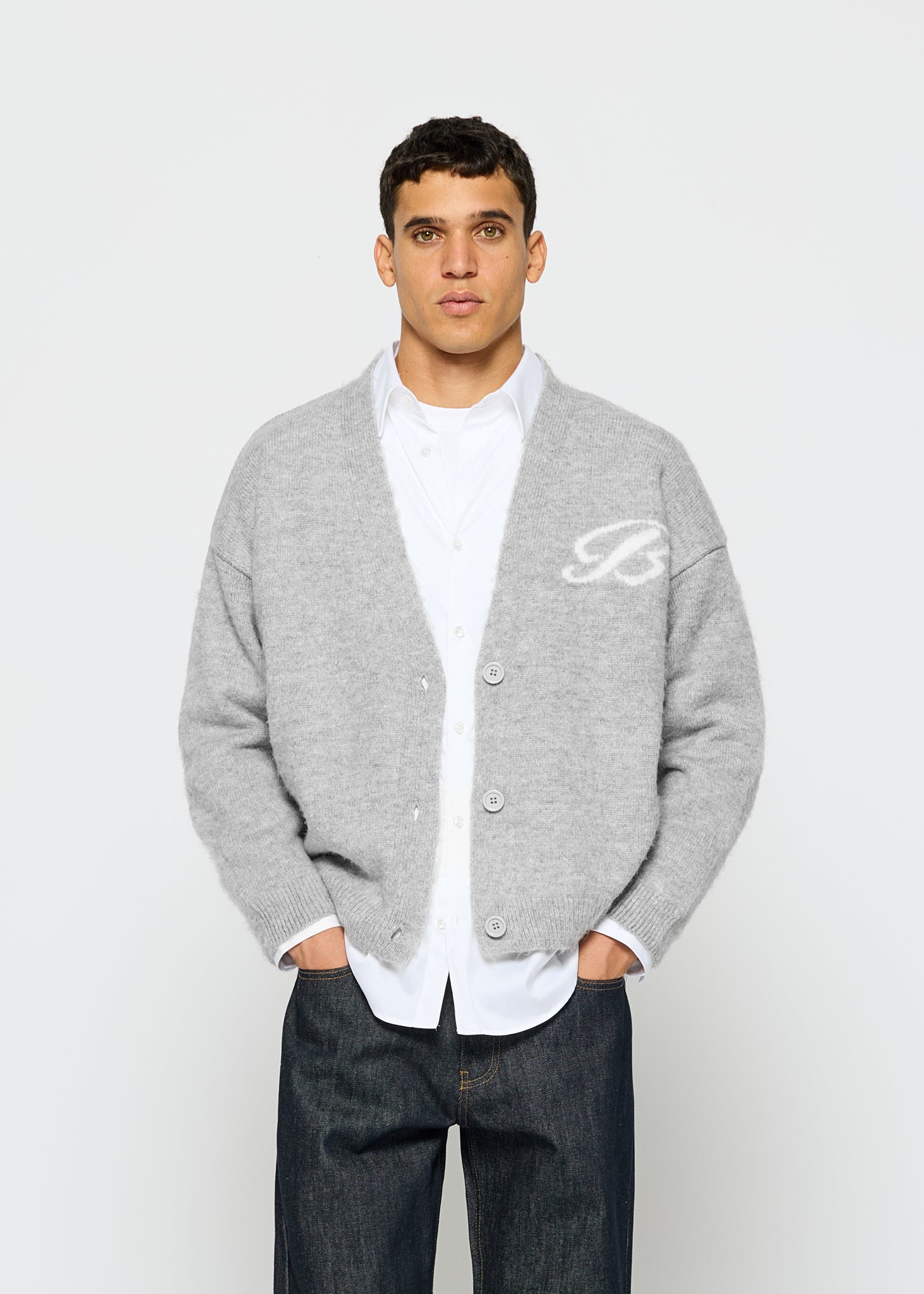 Fuzzy V-Neck Jacquard Cardigan