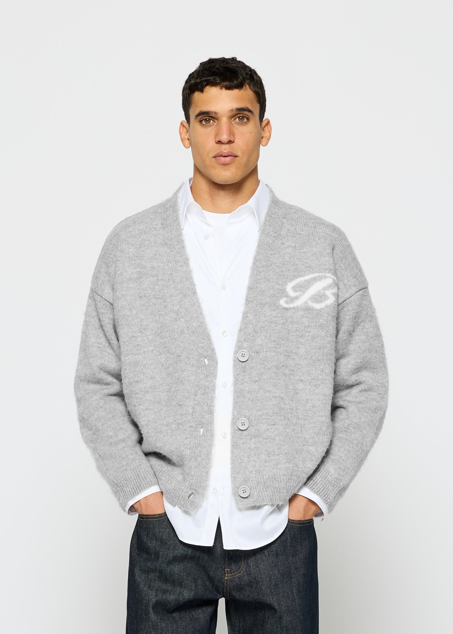 Fuzzy V-Neck Jacquard Cardigan