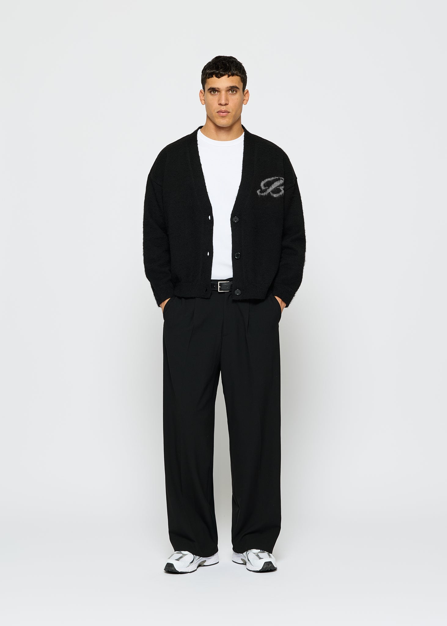 Fuzzy V-Neck Jacquard Cardigan