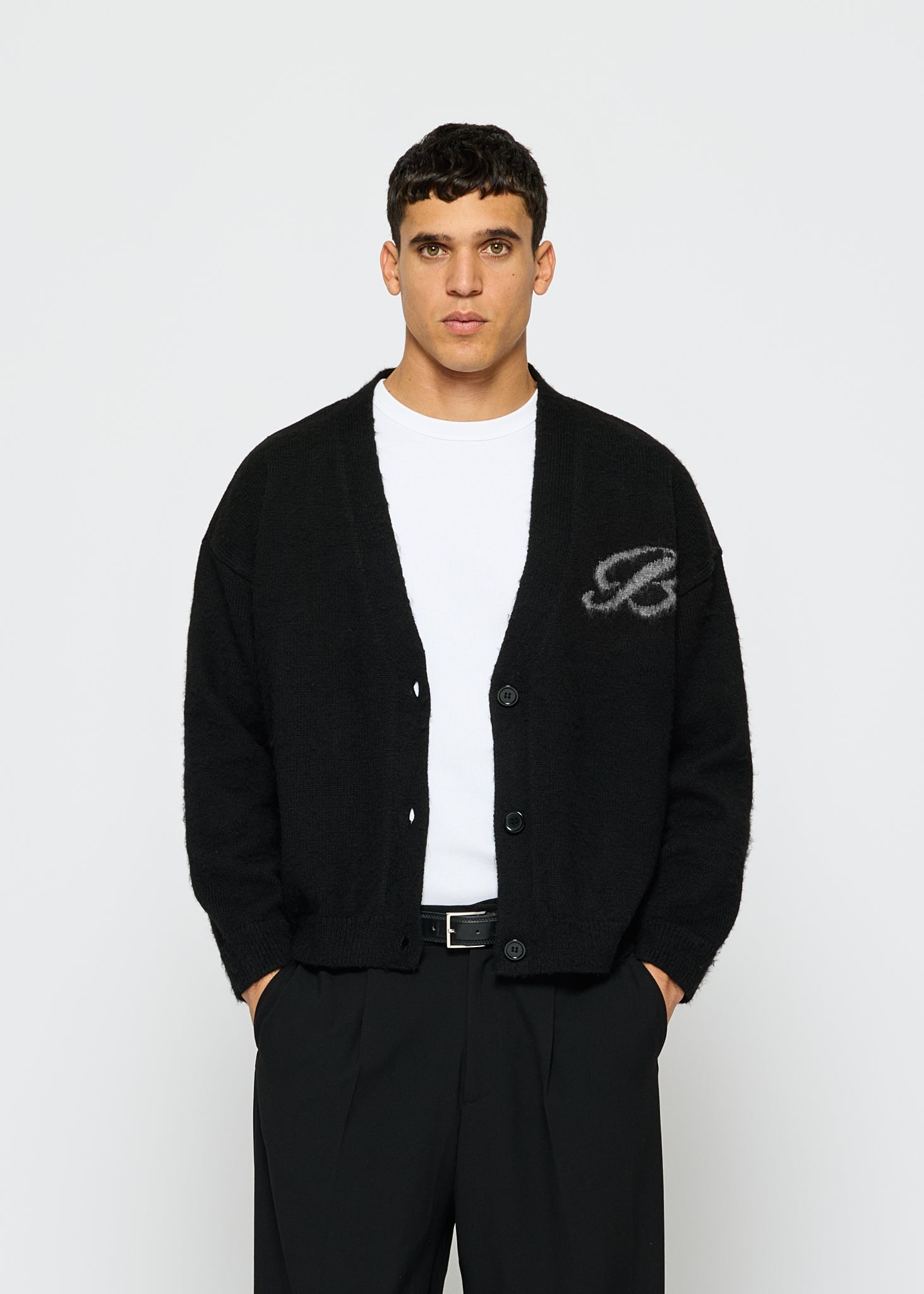Fuzzy V-Neck Jacquard Cardigan