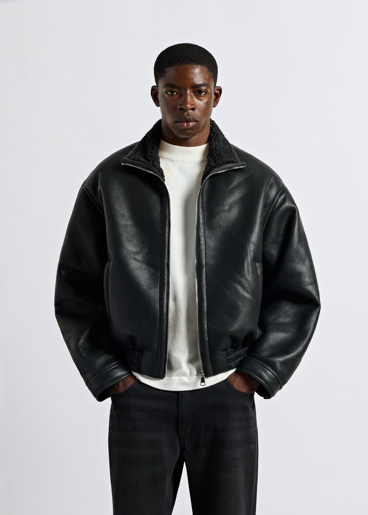 Faux Leather Jacket with Sherpa Collar