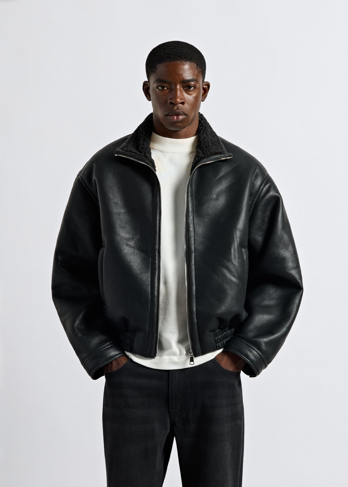Faux Leather Jacket with Sherpa Collar