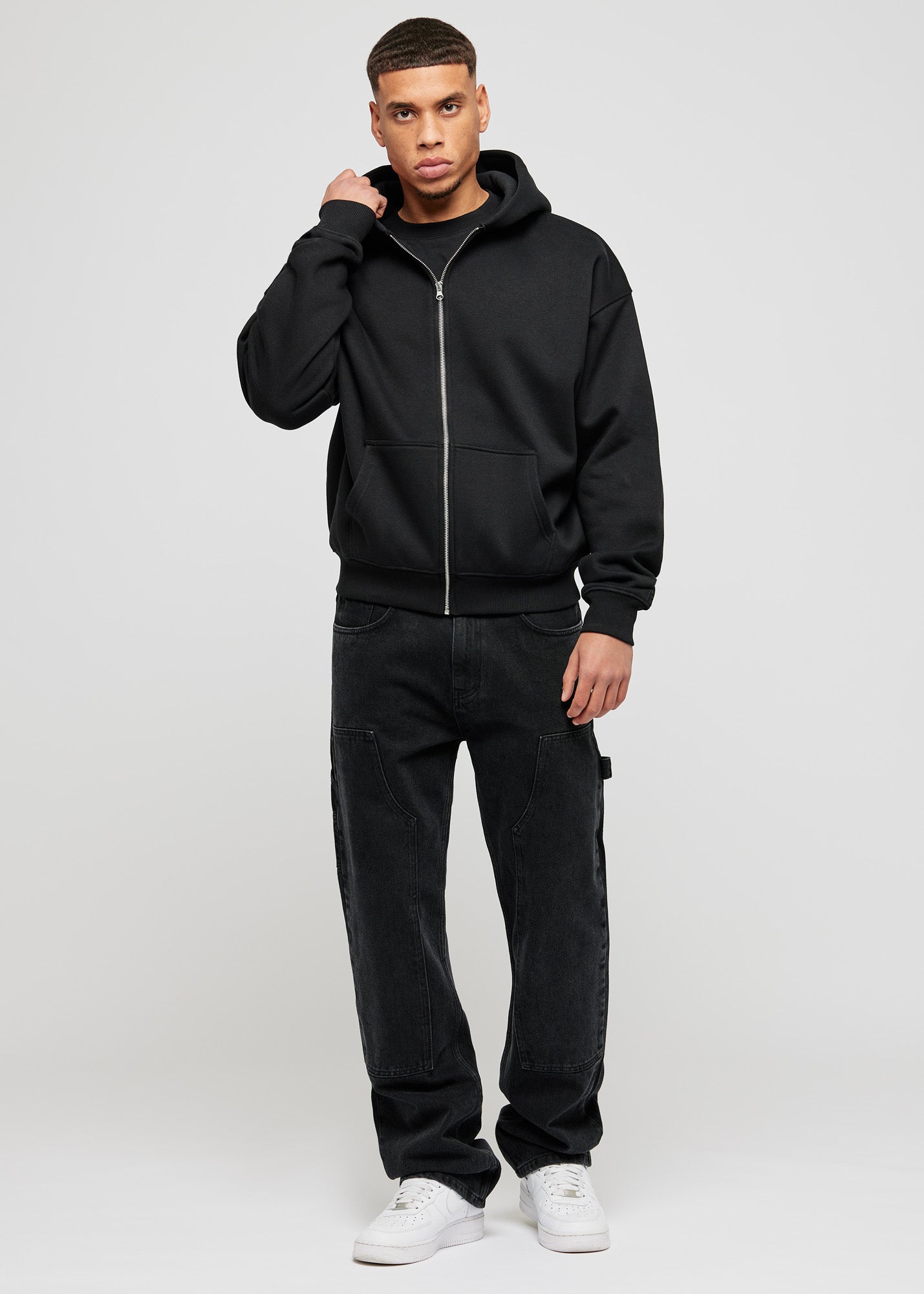 Black Basic Oversized Zip Hoodie